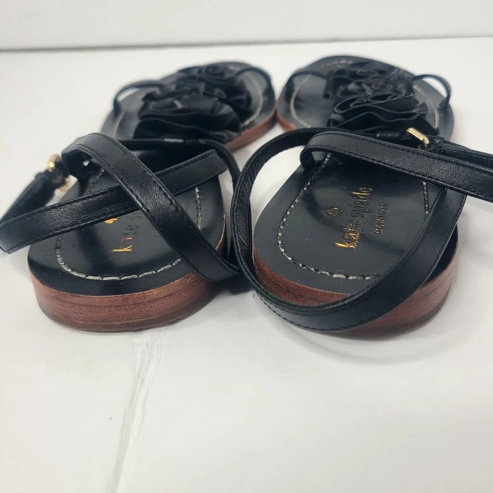 Kate Spade New York Caryl Black Leather Rosette Flower Flat Sandals Size 9.5